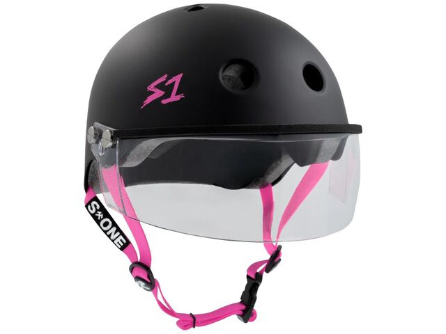 S1 Lifer Helmet inc Visor - Black Matt / Pink Strap click to zoom image